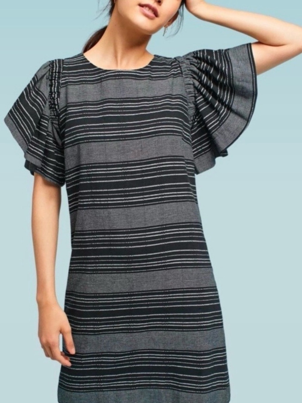 Moon River Anthropologie Striped Flutter-Sleeve Shift Dress - Black/Gray